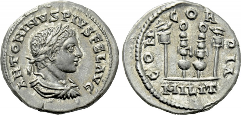 ELAGABALUS (218-222). Denarius. Antioch.

Obv: ANTONINVS PIVS FEL AVG.
Laurea...