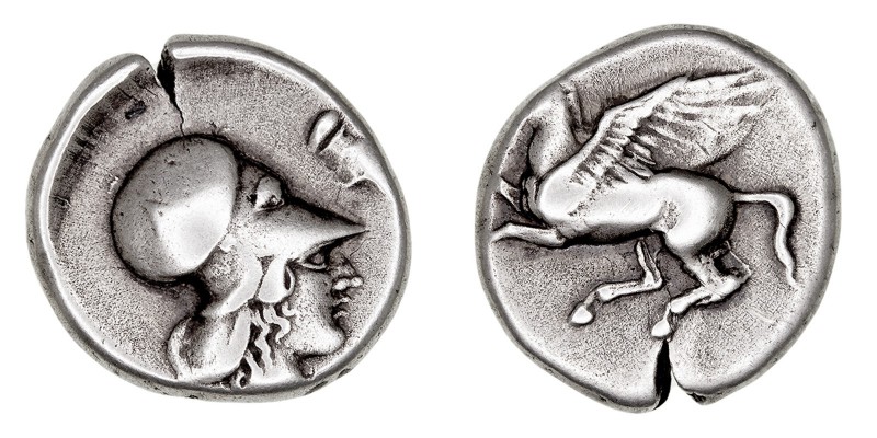Corinto. Estátera. AR. (405-350 a.C.). A/Cabeza con casco de Atenea a der., dela...
