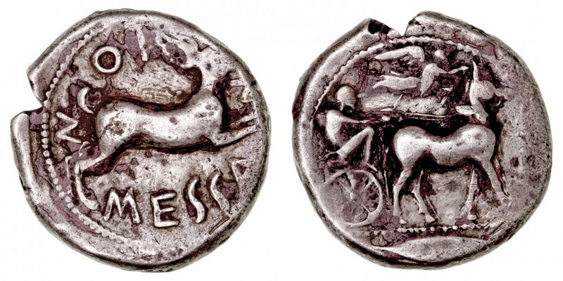 Sicilia. Tetradracma. AR. Messina. (480-461 a.C.). Tiranía de Anaxilas y su hijo...
