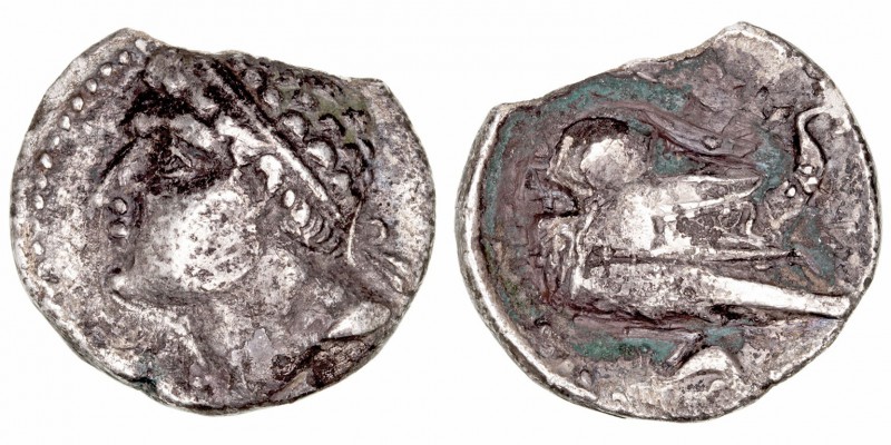 Hispano Cartaginesas, Acuñaciones. Siclo. AR. (235-220 a.C.). A/Cabeza masculina...