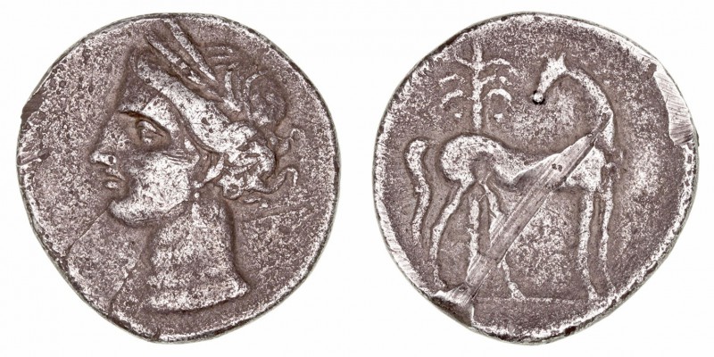 Hispano Cartaginesas, Acuñaciones. Siclo. AR. (220-215 a.C.). A/Cabeza de Tanit ...