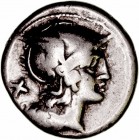 Anónimo. Denario. AR. A/Cabeza de Roma a der., detrás X. R/Los Dioscuros a caballo a der., encima estrellas, en exergo ROMA. 3.01g. FFC.7. BC+.
