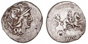 Anónimo. Denario. AR. (200-190 a.C.). A/Cabeza de Roma a der., detrás X. R/Los Dioscuros a caballo a der., debajo ROMA. 3.04g. FFC.7. Tonalidad. BC/BC...