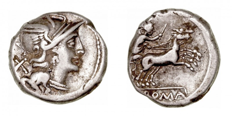 Anónimo. Denario. AR. Roma. (157-156 a.C.). A/Cabeza de Roma a der. R/Victoria e...