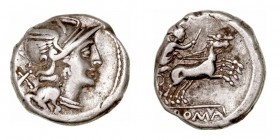 Anónimo. Denario. AR. Roma. (157-156 a.C.). A/Cabeza de Roma a der. R/Victoria en biga a der. con látigo, en exergo ROMA. 3.51g. FFC.77. MBC-.