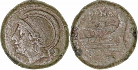 Anónimo. Uncia. AE. Roma. (c. 217-215 a.C.). A/Cabeza de Roma con casco a izq., detrás punto. R/Proa de nave a der., encima ROMA y debajo punto. 11.69...