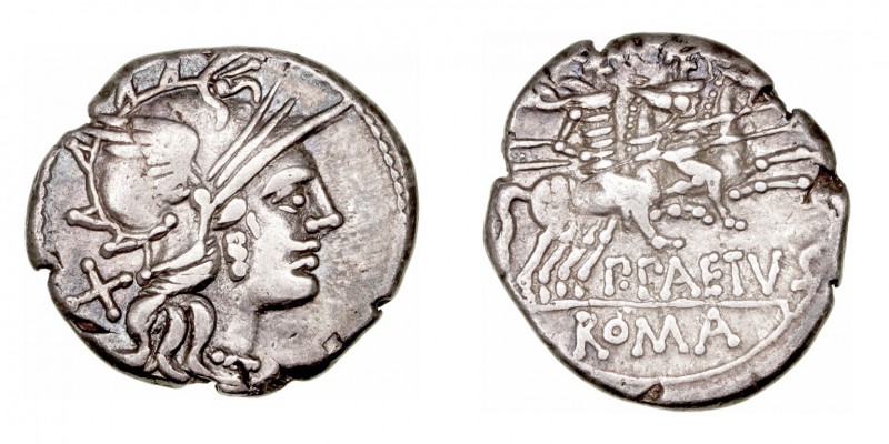 Aelia. Denario. AR. Roma. (138 a.C.). A/Cabeza de Roma a der., detrás X. R/Los D...