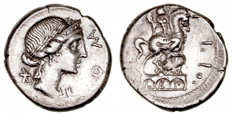 Aemilia. Denario. AR. (114-113 a.C.). A/Cabeza laureada de Roma a der., detrás X...