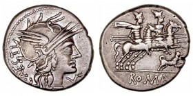 Antestia. Denario. AR. Roma. (146 a.C.). A/Cabeza de Roma a derecha, delante X y detrás C · ANTESTI. R/Los Dioscuros a caballo a der., encima estrella...