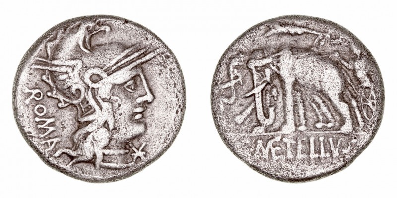 Caecilia. Denario. AR. Roma. (125 a.C.). A/Cabeza de Roma a der., delante X y de...