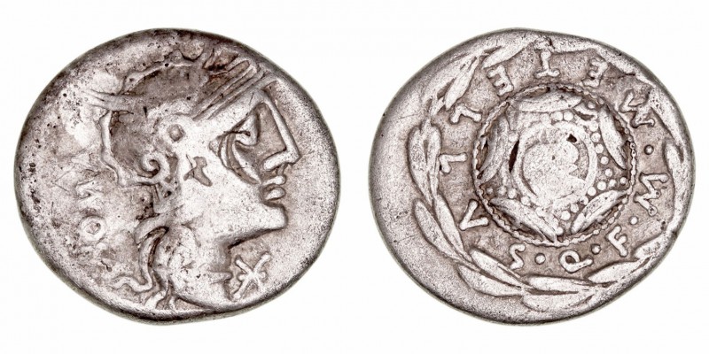 Caecilia. Denario. AR. Roma. (125 a.C.). A/Cabeza de Roma a der., detrás ROMA y ...