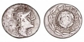 Caecilia. Denario. AR. Roma. (125 a.C.). A/Cabeza de Roma a der., detrás ROMA y delante X. R/Escudo macedonio, alrededor M. METELLVS Q. F., todo dentr...