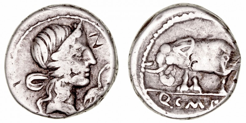 Caecilia. Denario. AR. Hispania. (81 a.C.). A/Cabeza de la Piedad a der., delant...