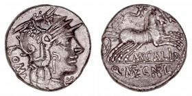Calidia. Denario. AR. Norte de Italia. (117-116 a.C.). A/Cabeza de Roma a der., delante (X) y detrás ROMA. R/Victoria con látigo en biga a der., debaj...