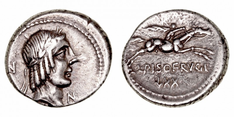 Calpurnia. Denario. AR. Roma. (90-89 a.C.). A/Cabeza de Apolo a der., delante N ...