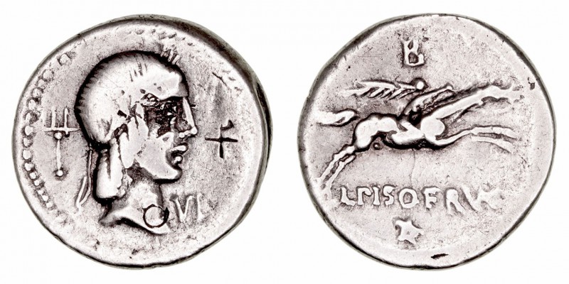 Calpurnia. Denario. AR. Roma. (90-89 a.C.). A/Cabeza de Apolo a der., delante VI...