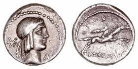 Calpurnia. Denario. AR. Roma. (90-89 a.C.). A/Cabeza de Apolo a der., delante A y detrás X. R/Jinete con palma galopando a der., encima letra y debajo...