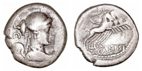 Carisia. Denario. AR. Roma. (46 a.C.). A/Busto alado de Victoria a der., detrás S·C. R/Victoria con corona en cuadriga a der., en exergo T. CARISI. 3....