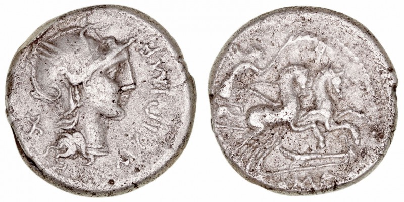 Cipia. Denario. AR. (115-114 a.C.). A/Cabeza de Roma a der., delante M CIPI M F,...