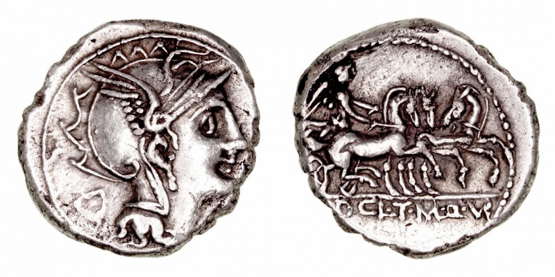 Claudia. Denario. AR. Roma. (110-109 a.C.). A/Cabeza de Roma a der., detrás obje...