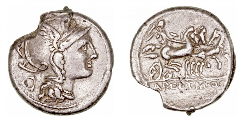 Claudia. Denario. AR. Roma. (110-109 a.C.). A/Cabeza de Roma a der., detrás obje...