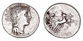 Claudia. Denario. AR. Roma. (110-109 a.C.). A/Cabeza de Roma a der. R/Victoria en biga a der., en exergo C. PVLCHER. 3.84g. FFC.565. MBC-/BC+.