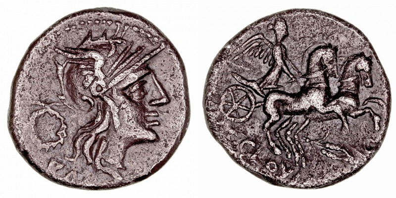 Clovlia. Denario. AR. Roma. (128 a.C.). A/Cabeza de Roma a der., detrás corona. ...