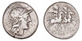 Coelia. Denario. AR. Roma. (189-180 a.C.). A/Cabeza de Roma a der., detrás X. R/Los Dioscuros a caballo a der., encima estrellas, debajo L· COIL y en ...