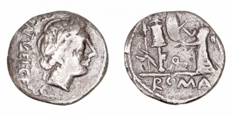 Egnatuleia. Quinario. AR. (97 a.C.). A/Cabeza laureada de Apolo a der., detrás l...