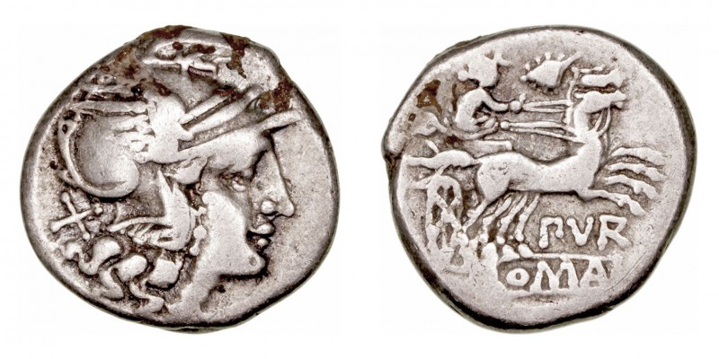 Furia. Denario. AR. Roma. (169-168 a.C.). A/Cabeza de Roma a der., detrás X. R/D...