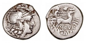 Furia. Denario. AR. Roma. (169-168 a.C.). A/Cabeza de Roma a der., detrás X. R/Diana en biga a der., encima murex, debajo PVR y en exergo ROMA. 3.77g....