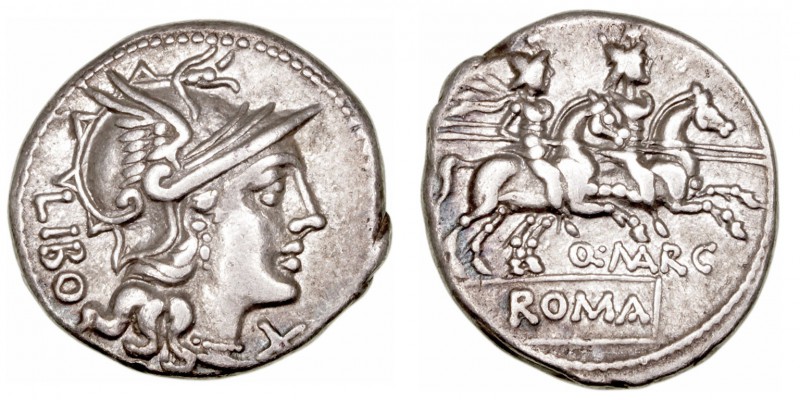 Marcia. Denario. AR. Roma. (148 a.C.). A/Cabeza de Roma a der., delante X y detr...