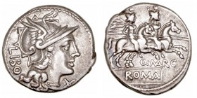Marcia. Denario. AR. Roma. (148 a.C.). A/Cabeza de Roma a der., delante X y detrás LIBO. R/ Los Dioscuros a caballo a der., debajo Q · MARC y debajo R...