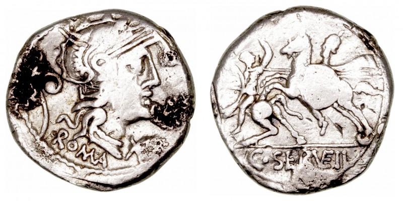 Servilia. Denario. AR. Roma. (127 a.C.). A/Cabeza de Roma a der., delante X, det...