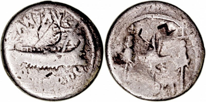 Marco Antonio. Denario. AR. (32-31 a.C.). A/Galera pretoriana a der. R/Águila le...