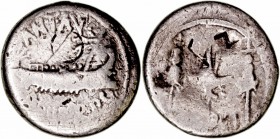 Marco Antonio. Denario. AR. (32-31 a.C.). A/Galera pretoriana a der. R/Águila legionaria entre dos insignias, ley. (LEG. XI). 2.92g. (FFC.44). Punzone...