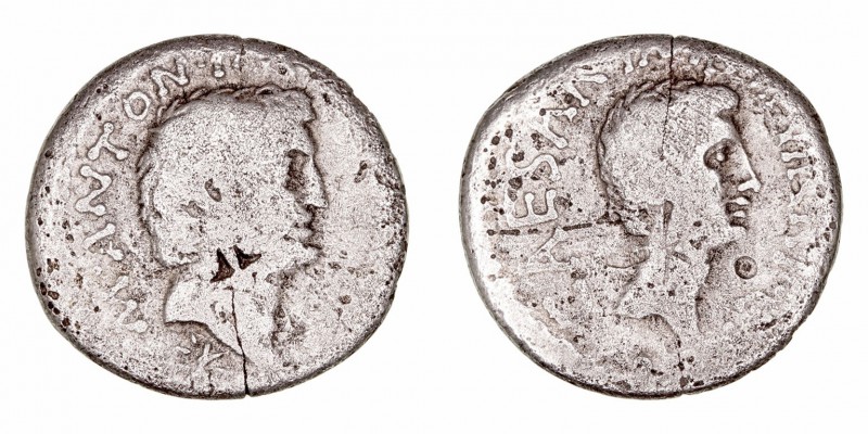 Marco Antonio y Octavio. Denario. AR. (39 a.C.). A/Cabeza descubierta de Marco A...