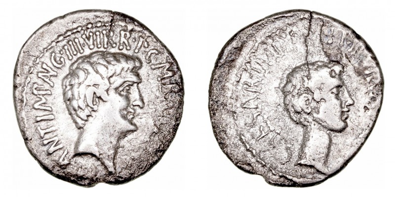 Marco Antonio y Octavio. Denario. AR. (41 a.C.). A/Cabeza descubierta de Marco A...