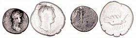 Adriano. AR. (117-138). Lote de 2 monedas. Denario y Quinario. BC- a RC.