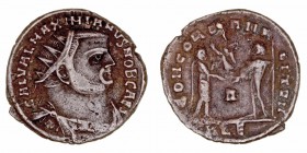 Galerio Maximiano. Antoniniano. VE. (295-296). R/CONCORDIA MILITVM. Galerio en pie a der., frente a Júpiter que le hace donación de un globo rematado ...