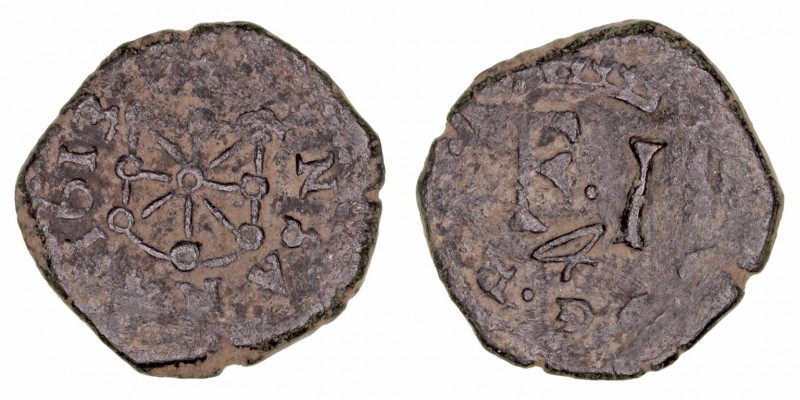 Felipe III. 4 Cornados. AE. Pamplona. 1613. Sin P-A a los lados del escudo. Cal....