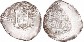 Felipe IV. 8 Reales. AR. Potosí E. 1654. Con PH sobre las columnas. Dos fechas visibles, la de reverso de dos dígitos (54) el 4 en posición invertida....