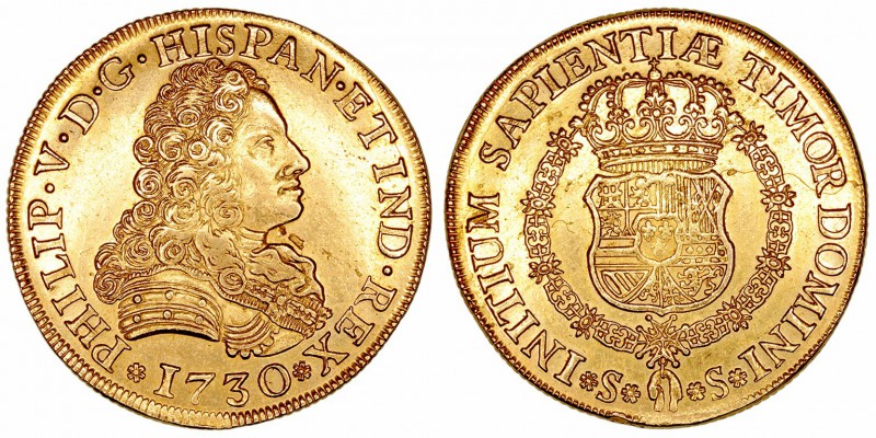 Felipe V. 8 Escudos. AV. Sevilla. 1730. Sin marca de ensayador. 27.04g. Cal.196....