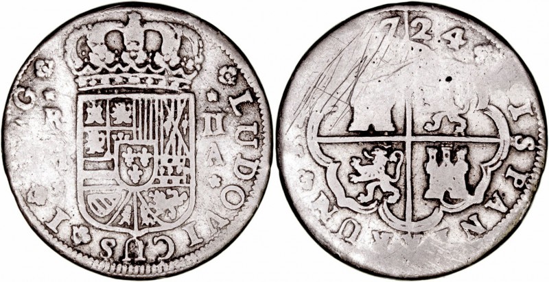 Luis I. 2 Reales. Latón. Madrid A. 1724. Falsa de época. 4.74g. Barrera no cat. ...