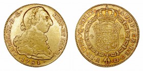 Carlos III. 4 Escudos. AV. Madrid PJ. 1781. 13.43g. Cal.306. Bonita pieza que mantiene restos de brillo original. Escasa así. MBC+/EBC-.