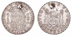 Carlos III. 8 Reales. AR. Potosí JR. 1769. 27.08g. Cal.969. Agujero. BC.