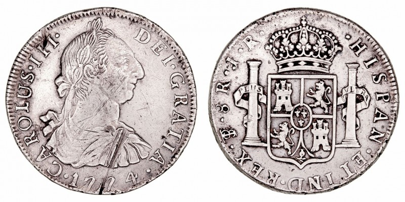 Carlos III. 8 Reales. AR. Potosí JR. 1774. 26.58g. Cal.974. Rayas y marcas en an...