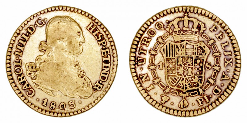 Carlos IV. Escudo. AV. Potosí PJ. 1808/5. El numeral 8 sobre 5. 3.32g. Cal.563 v...