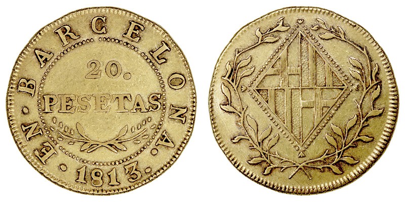 José I. 20 Pesetas. AV. Barcelona. 1813. 6.71g. Cal.5. Muy bonita pieza. Rara as...