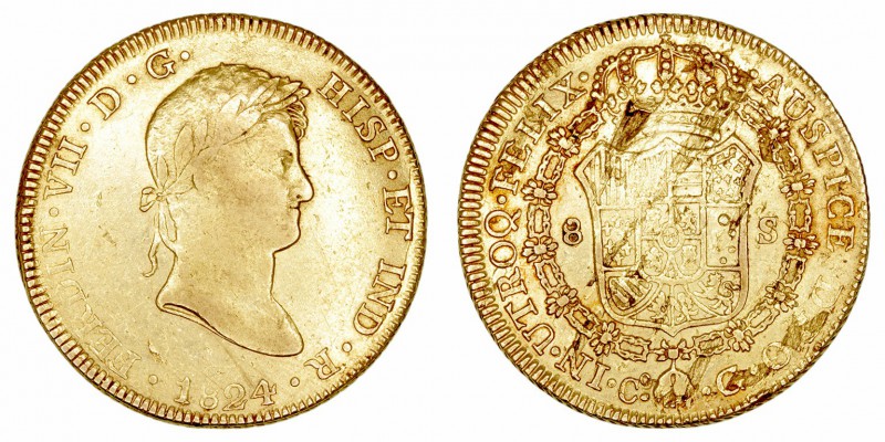 Fernando VII. 8 Escudos. AV. Cuzco G. 1824. 26.88g. Cal.4. Hojas en reverso habi...
